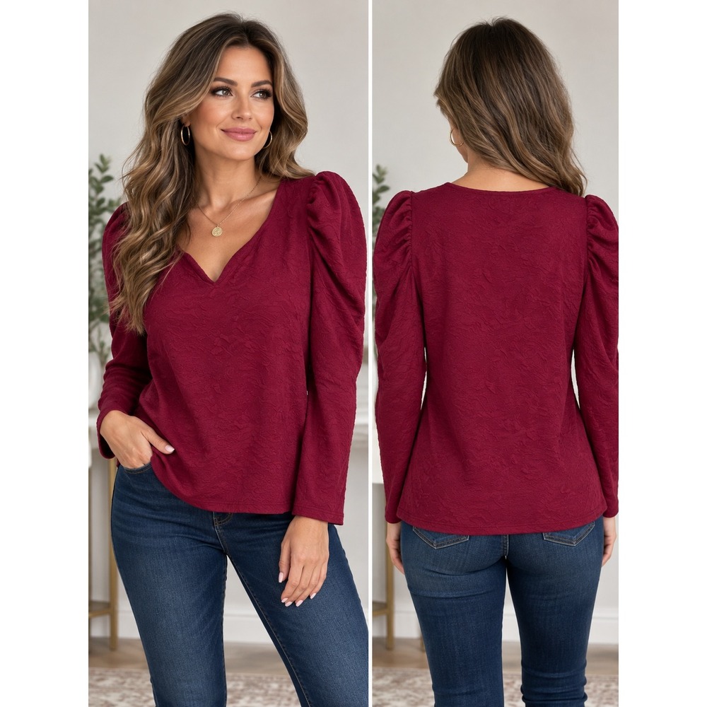 BIBI Burgundy Textured Jacquard Puff Sleeve Top Medium– Quiet Luxury, Romantic